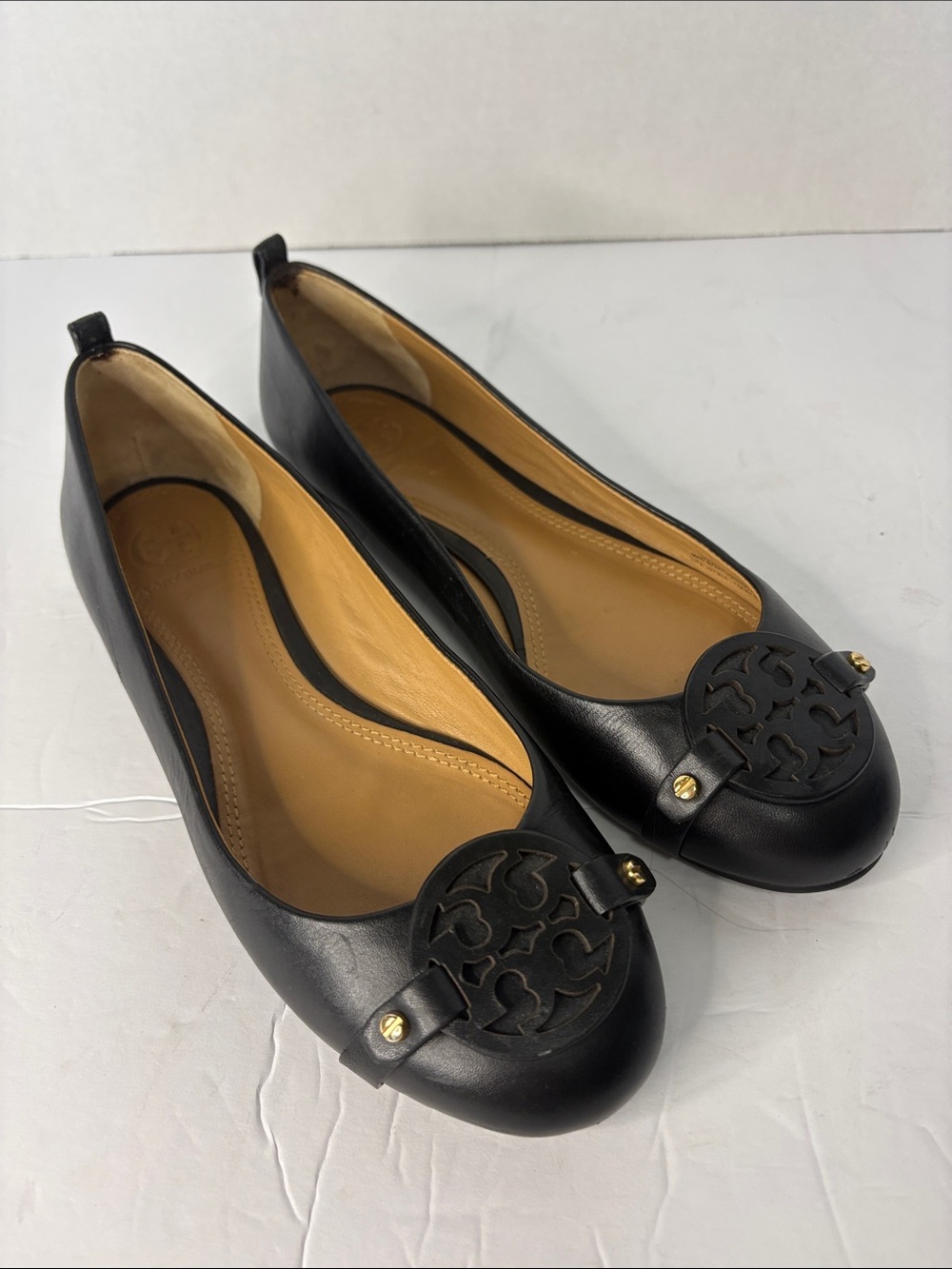 Tory Burch Black Leather Logo Black Flats